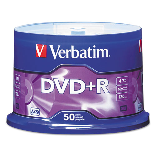 Verbatim® Dvd+R Recordable Disc, 4.7 Gb, 16X, Spindle, Matte Silver, 50/Pack