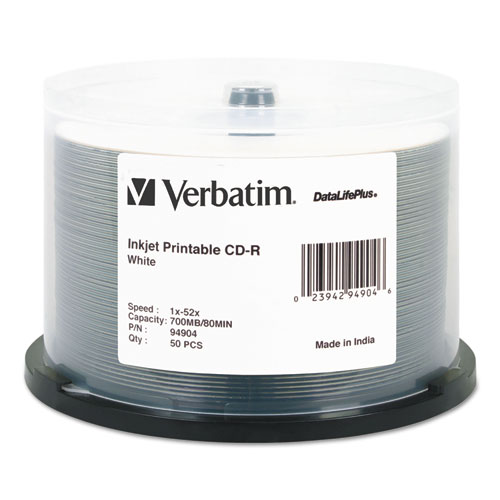 Cd-r discs, printable, 700mb/80min, 52x, spindle, white, 50/pack, sold as 1 package