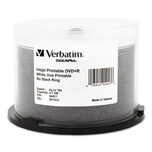 Verbatim® Dvd+R Recordable Disc, 4.7 Gb, 16X, Spindle, Hub Printable, White, 50/Pack