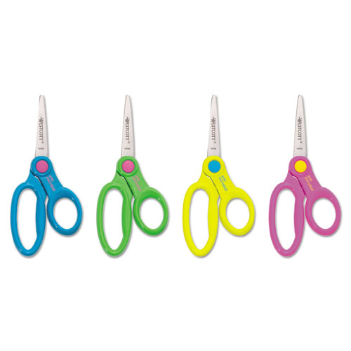Kids' Scissors with Antimicrobial Protection, Pointed Tip, 5" Long, 2" Cut Length, Randomly Assorted Straight Handles