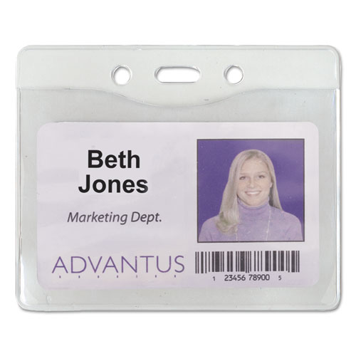 Security ID Badge Holders, Horizontal, Pre-Punched for Chain/Clip, Clear, 3.75" x 3.25" Holder, 3.5" x 2.5" Insert, 50/Box