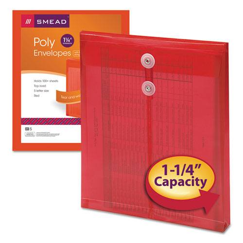 Poly String and Button Interoffice Envelopes, String and Button Closure, 9.75 x 11.63, Transparent Red, 5/Pack