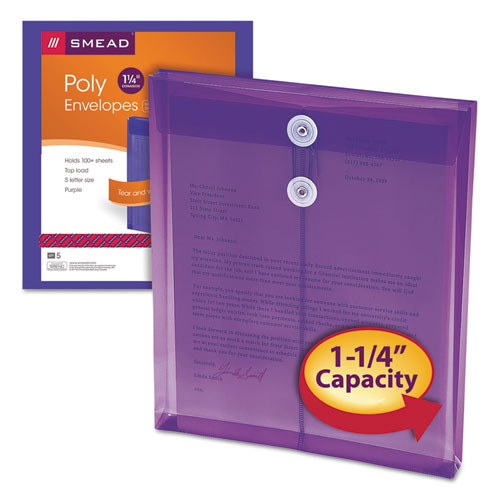 Poly String & Button Interoffice Envelopes, String & Button Closure, 9.75 x 11.63, Transparent Purple, 5/Pack