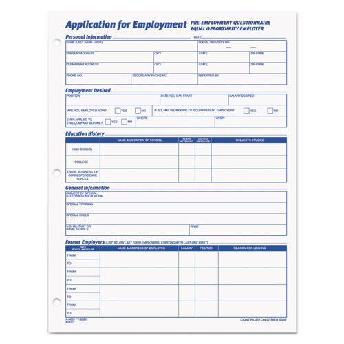 Image of Tops™ Employee Application Form, One-Part (No Copies), 11 X 8.38, 50 Forms/Pad, 2 Pads/Pack