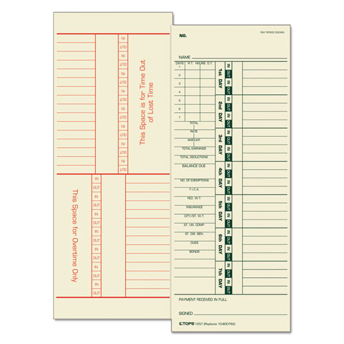Tops™ Time Clock Cards, Replacement For 10-800762, Two Sides, 3.5 X 9, 500/Box