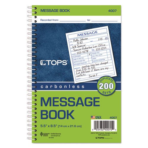 Image of Tops™ Spiralbound Message Book, Two-Part Carbonless, 5 X 4.25, 2 Forms/Sheet, 200 Forms Total