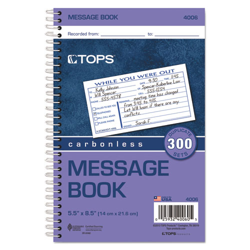 Image of Tops™ Spiralbound Message Book, Two-Part Carbonless, 5 X 2.83, 3 Forms/Sheet, 300 Forms Total