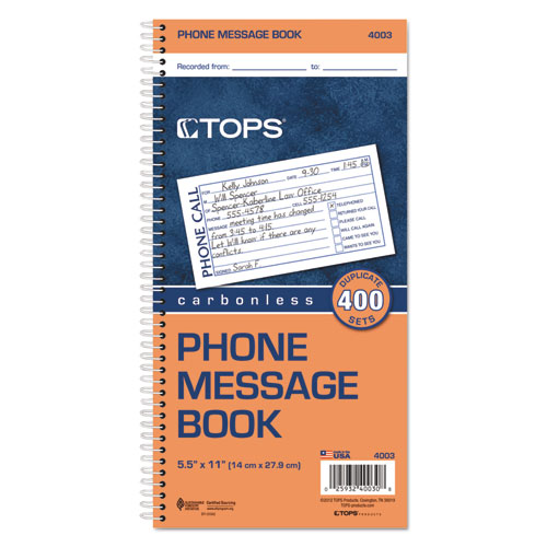 Image of Tops™ Spiralbound Message Book, Two-Part Carbonless, 5 X 2.75, 4 Forms/Sheet, 400 Forms Total