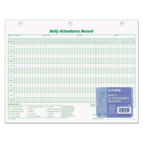 Image of Tops™ Daily Attendance Card, One-Part (No Copies), 11 X 8.5, 50 Forms Total