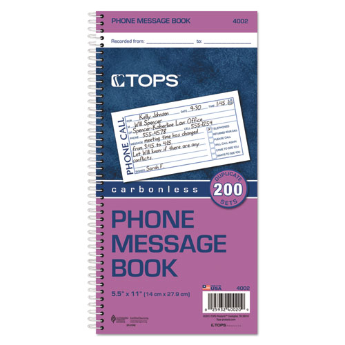 Image of Tops™ Spiralbound Message Book, Two-Part Carbonless, 5 X 2.75, 4 Forms/Sheet, 200 Forms Total