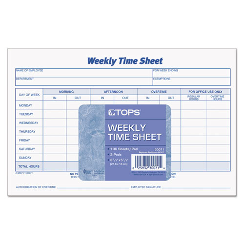 Image of Tops™ Weekly Time Sheets, One-Part (No Copies), 8.5 X 5.5, 50 Forms/Pad, 2 Pads/Pack