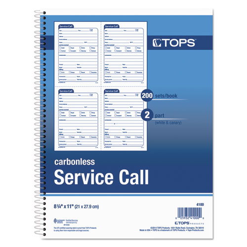 Image of Tops™ Service Call Book, Two-Part Carbonless, 5.5 X 3.88, 4 Forms/Sheet, 200 Forms Total