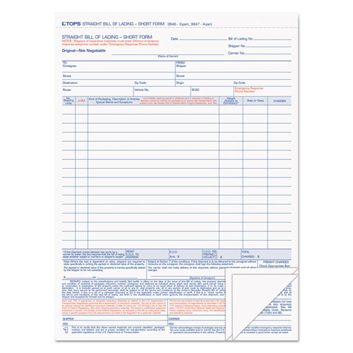 Tops™ Bill Of Lading, Three-Part Carbonless, 8.5 X 11, 50 Forms Total