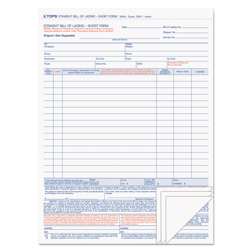 Image of Tops™ Bill Of Lading, Four-Part Carbonless, 8.5 X 11, 50 Forms Total