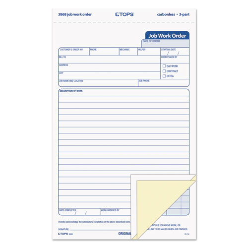 Tops™ Job Work Order, Three-Part Carbonless, 5.66 X 8.63, 50 Forms Total