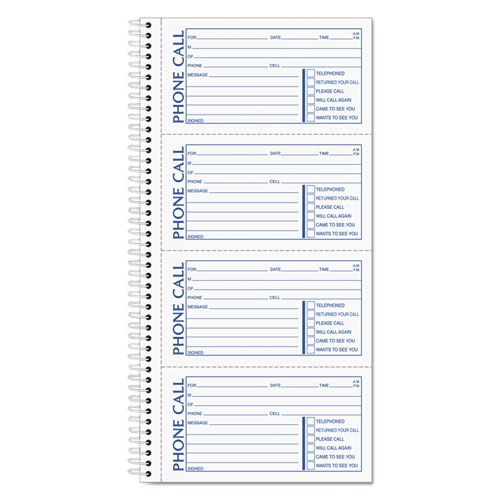 Image of Spiralbound Message Book, Two-Part Carbonless, 5 x 2.75, 4 Forms/Sheet, 400 Forms Total
