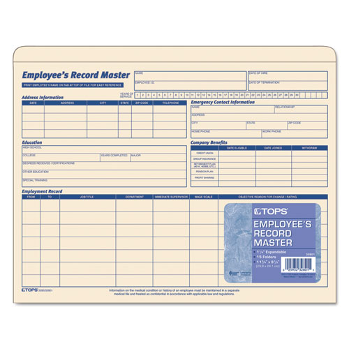 Image of Tops™ Employee Record Master File Jacket, Straight Tab, Letter Size, Manila, 15/Pack