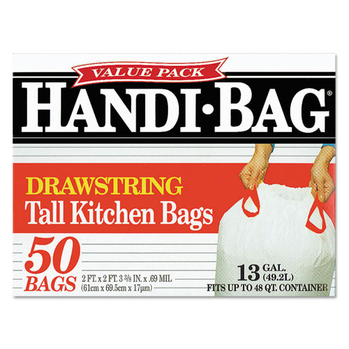 Image of Handi-Bag® Drawstring Kitchen Bags, 13 Gal, 0.6 Mil, 24" X 27.38", White, 50/Box