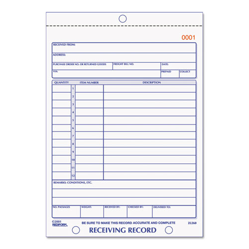 Receiving Record Book, Three-Part Carbonless, 5.56 x 7.94, 1/Page, 50 Forms