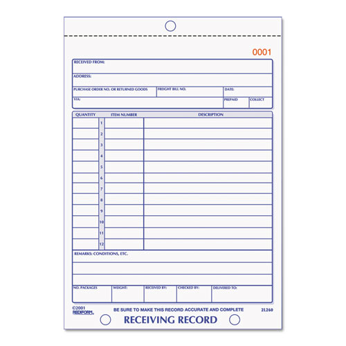 Rediform® Receiving Record Book, Three-Part Carbonless, 5.56 x 7.94, 50 Forms Total