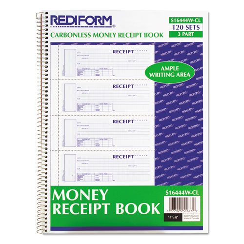Spiralbound Unnumbered Money Receipt Book, 7 x 2 3/4, Three-Part, 120 Sets/Book