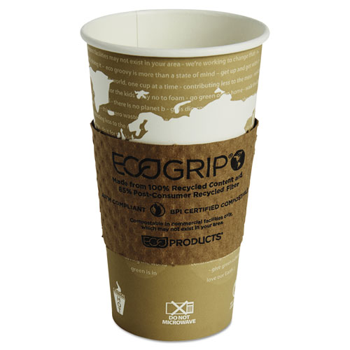 Image of EcoGrip Hot Cup Sleeves - Renewable and Compostable, Fits 12, 16, 20, 24 oz Cups, Kraft, 1,300/Carton