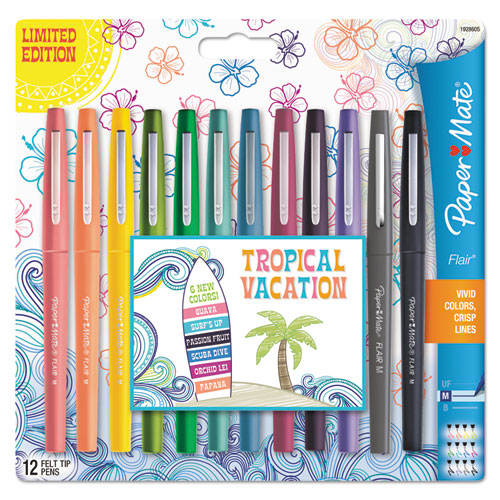 Paper Mate® Point Guard Flair Felt Tip Porous Point Pen, Stick, Medium 0.7 Mm, Assorted Tropical Vacation Ink And Barrel Colors, Dozen