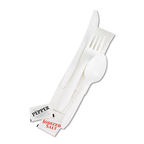 Image of Boardwalk® Cutlery Kit, Plastic Fork/Spoon/Knife/Salt/Polypropylene/Napkin, White, 250/Carton