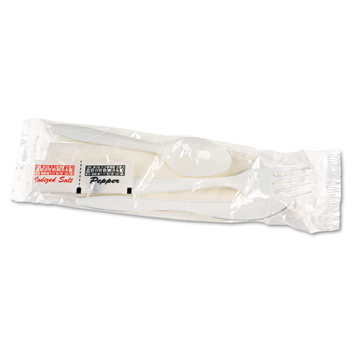 Cutlery Kit, Plastic Fork/Spoon/Knife/Salt/Pepper/Napkin, White, 250/Carton | by Plexsupply