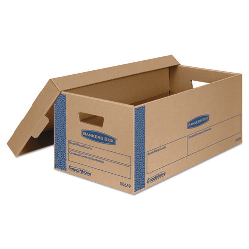 Image of SmoothMove Prime Moving and Storage Boxes, Small, Half Slotted Container (HSC), 24" x 12" x 10", Brown Kraft/Blue, 8/Carton