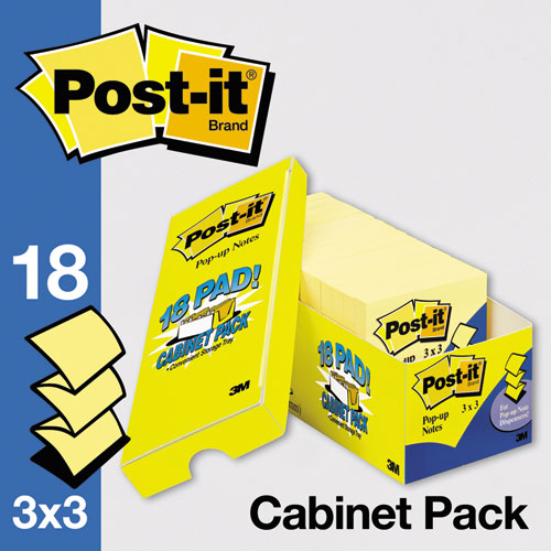 Image of Original Canary Yellow Pop-up Refill Cabinet Pack, 3" x 3", Canary Yellow, 90 Sheets/Pad, 18 Pads/Pack