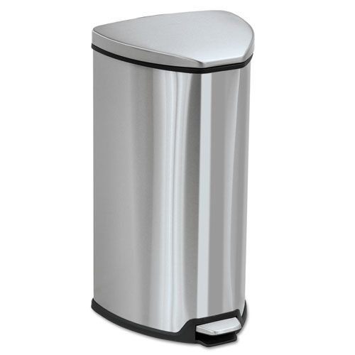 Safco® Step-On Waste Receptacle, Triangular, Stainless Steel, 7 gal, Chrome/Black
