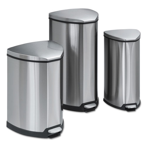 Safco® Step-On Waste Receptacle, Triangular, Stainless Steel, 4 gal, Chrome/Black