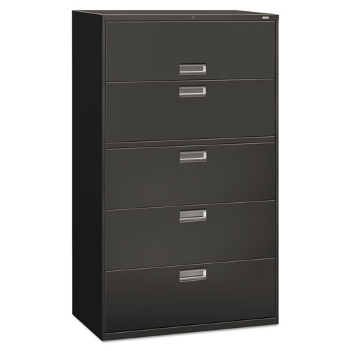 HON® Brigade 600 Series Lateral File, 4 Legal/Letter-Size File Drawers, 1 Roll-Out File Shelf, Charcoal, 42" x 18" x 64.25"