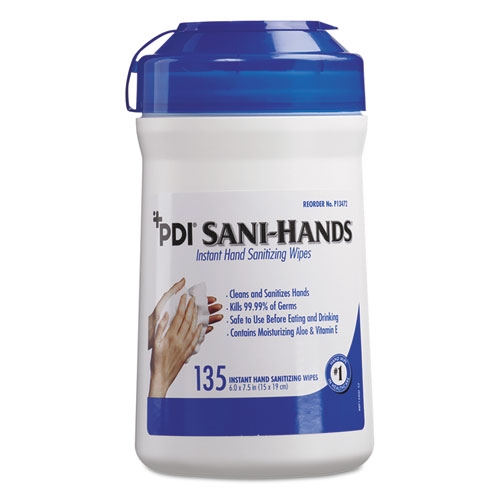 Sani Professional® Sani-Hands Alc Instant Hand Sanitizing Wipes, 1-Ply, 7.5 X 6, White, 135/Canister, 12 Canisters/Carton