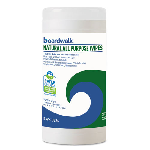 Boardwalk® Natural All Purpose Wipes, 7 x 8, Unscented, 75 Wipes/Canister, 6/Carton