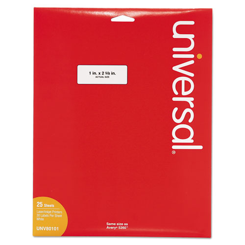 Universal® White Labels, Inkjet/Laser Printers, 1 X 2.63, White, 30/Sheet, 25 Sheets/Pack