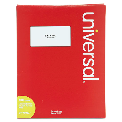 Universal® White Labels, Inkjet/Laser Printers, 2 X 4, White, 10/Sheet, 100 Sheets/Box