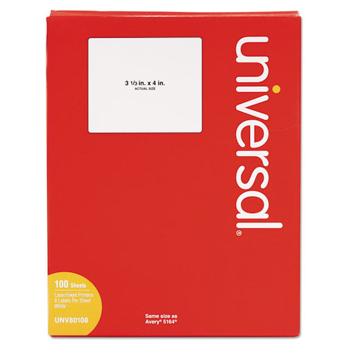 Image of Universal® White Labels, Inkjet/Laser Printers, 3.33 X 4, White, 6/Sheet, 100 Sheets/Box