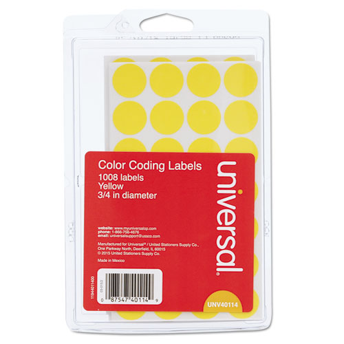 Image of Self-Adhesive Removable Color-Coding Labels, 0.75" dia, Yellow, 28/Sheet, 36 Sheets/Pack