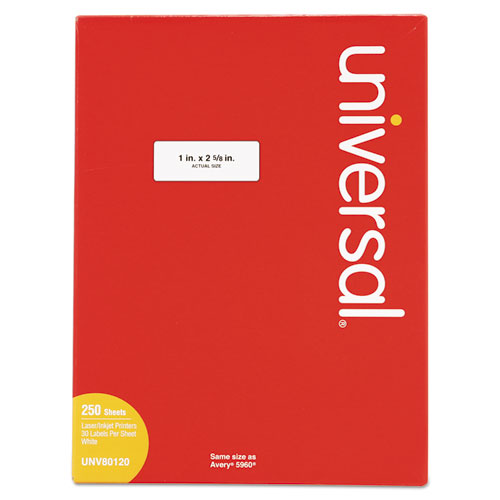 Universal® White Labels, Inkjet/Laser Printers, 1 X 2.63, White, 30/Sheet, 250 Sheets/Pack