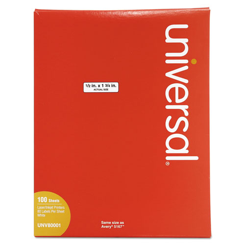 Universal® White Labels, Inkjet/Laser Printers, 0.5 X 1.75, White, 80/Sheet, 100 Sheets/Box
