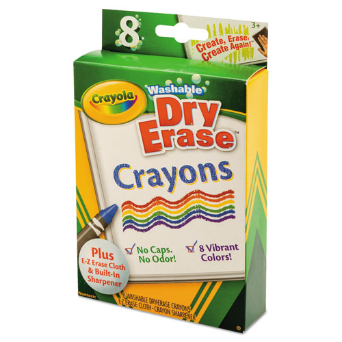 Crayola® Washable Dry Erase Crayons w/E-Z Erase Cloth, Assorted Bright Colors, 8/Pack