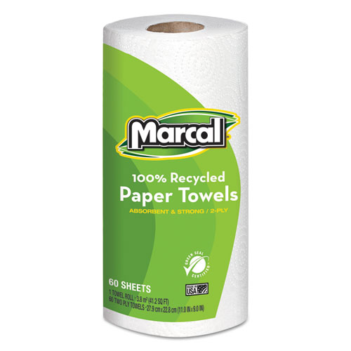Image of Marcal® 100% Premium Recycled Kitchen Roll Towels, 2-Ply, 11 X 9, White, 60 Sheets, 15 Rolls/Carton