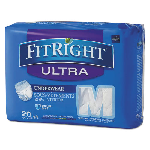 Medline FitRight Ultra Protective Underwear, Large, 40" to 56" Waist, 20/Pack