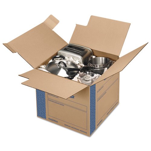 SmoothMove Prime Moving & Storage Boxes, Medium, Regular Slotted Container (RSC), 18" x 18" x 16", Brown Kraft/Blue, 8/Carton