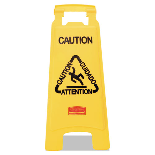 Image of Rubbermaid® Commercial Multilingual "Caution" Floor Sign,  11 X 12 X 25, Bright Yellow