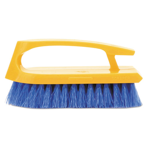 Image of Iron-Shaped Handle Scrub Brush, Blue Polypropylene Bristles, 6" Brush, 6" Yellow Plastic Handle