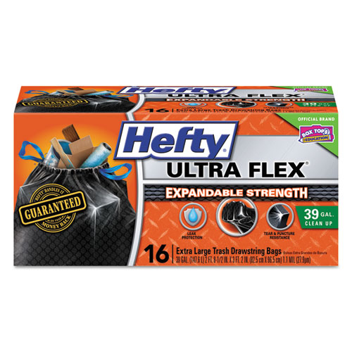 Hefty® Ultra Flex Waste Bags, 39gal, 1.05mil, 32 1/2 x 38, Black, 16/Box, 6 Boxes/CT