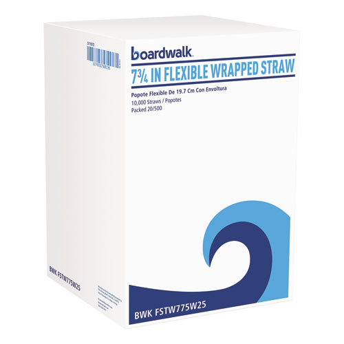 Image of Boardwalk® Flexible Wrapped Straws, 7.75", Plastic, White, 500/Pack, 20 Packs/Carton